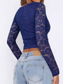 女士性感V领蕾丝镂空修身针织短袖上衣，情人节 - 藏青色 - 查看 5