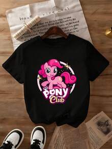 [ma baoli] camiseta de verano para niñas - estampado de doble cara de dibujos animados de pony - Lindo estilo suéter estampado de cuello redondo para niños, con tejidos blandos de poliéster, adecuado para niñas de verano, envíos de tiendas locales, ropa de verano para niñas de estilo dibujos animados, adecuado para uso diario, fiestas, atracciones turísticas al aire libre. - Negro - Ver 2
