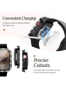 女士闪亮表壳，兼容 （38mm、40mm、41mm、42mm、44mm、45mm、46mm、49mm）。产品特点包括：闪亮水钻、防震防刮、二合一设计（硬质 PC 和钢化玻璃保护膜），兼容 Ultra/11/10/9/8/7/6/5/4/3/SE 系列，以及时尚易戴的触控表带。 - 黑色 - 查看 5