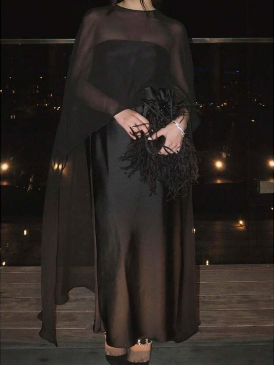Women High Low Cape Chiffon Shawl Capelets Bridal Bridesmaid Cover Up Poncho Omen Chiffon Shawl Cape Mesh Sheer Poncho Top Capelets For Evening Dress Shawl Wraps Cover Up Wedding Party - 黑色 - 查看 1