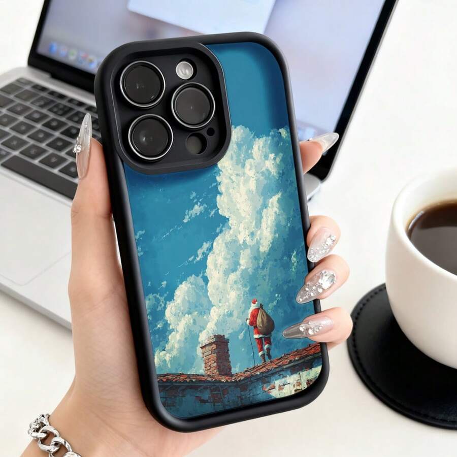 Funda de teléfono con arte inspirado en Studio  de un niño en el techo bajo un cielo nublado para  14 Pro Max,  13 Pro,  12,  11,  Galaxy S23, S22, S21, S20, funda protectora para teléfono, regalo de pareja para él y ella, presente de vacaciones - Negro - Ver 1