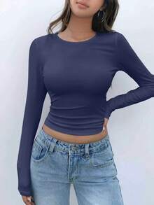 Áo thun nữ tay dài cổ tròn dáng ôm vừa vặn, thích hợp mặc mùa xuân - Màu xanh hải quân - Xem 2