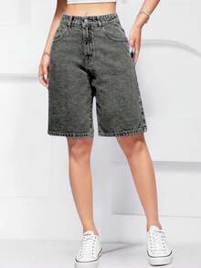 Women's Denim Shorts, Knee-Length Bermuda Style, High Waist, Black, Gray, Graphite, Marbled, Fashion, International, Summer - 灰色 - 查看 4