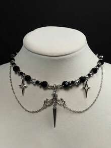 rundraw 1 件空心星铆钉水晶串珠几何吊坠流苏朋克项链，多色不锈钢，适合女士舞蹈、音乐节、派对和日常佩戴配饰 - 彩色 - 查看 2