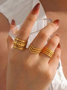 3pcs 18K Gold Plated Stainless Steel Elegant Geometric Bead & Line V-Shaped Adjustable Ring Set, Suitable For Women's Daily, Festival, Party, Date, Gift, Vintage High-End Ring Set