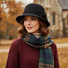 Womens Cloche Hats Stylish Solid Color Decorative Bow Bucket Hat Round Top Short Brim Church Cap - 黑色 - 查看 2