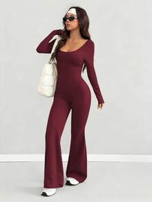 AITYI Studio Women's Jumpsuit, Well-Fitted U-Neck Solid Color Fashion Sexy Comfortable Slim Fit Casual Outdoor Street Commute Sports Versatile, Suitable For Graduation, New Year, Valentine's Day, Autumn/Winter Stretch Knit Long Sleeve Flared Leg Jumpsuit - Burgundy - View 4