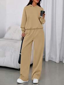 Womens Sweatsuits 2 Piece Set Casual Winter Long Sleeve Hoodie Loose Wide Leg Sweatpants Fall Tracksuit - Màu Khaki - Xem 4