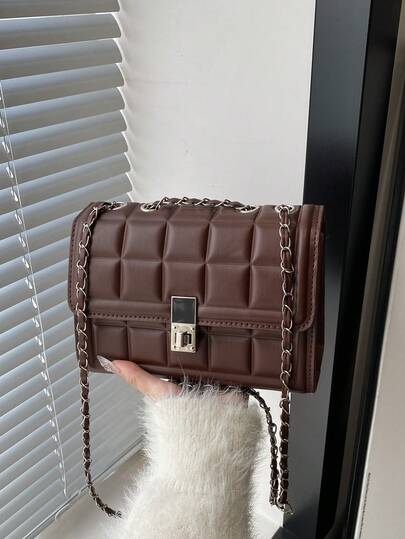 1pc Quilted Flap Twist Lock Closure PU Solid Color Small Square Bag, Fashion Plaid Versatile Chain Strap Casual Commuter Shoulder Bag For Women, Suitable For Office, Business, Outing, Shopping, Birthday Gift