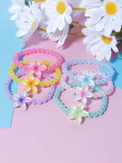 6pcs Cute Flower Pendant Pearl Beaded Bracelet/Bangle/Wrist Accessories, Suitable For Girls Everyday, Festival, Birthday, Party Wear