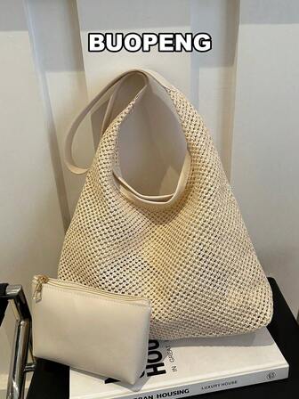 Solid Color Large Capacity Straw Beach Tote Bag, Summer Straw Beach Bag For Women, Beach Necessities,Beach Essentials,Beach Stuff & Summer Essentials, Hottest Beach Bags