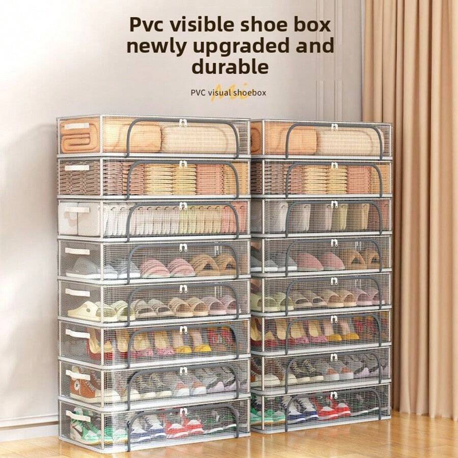 Caja de almacenamiento de zapatos plegable de PVC, organizador transparente, para debajo de la cama o el dormitorio, sin instalación requerida - Beis - Ver 1