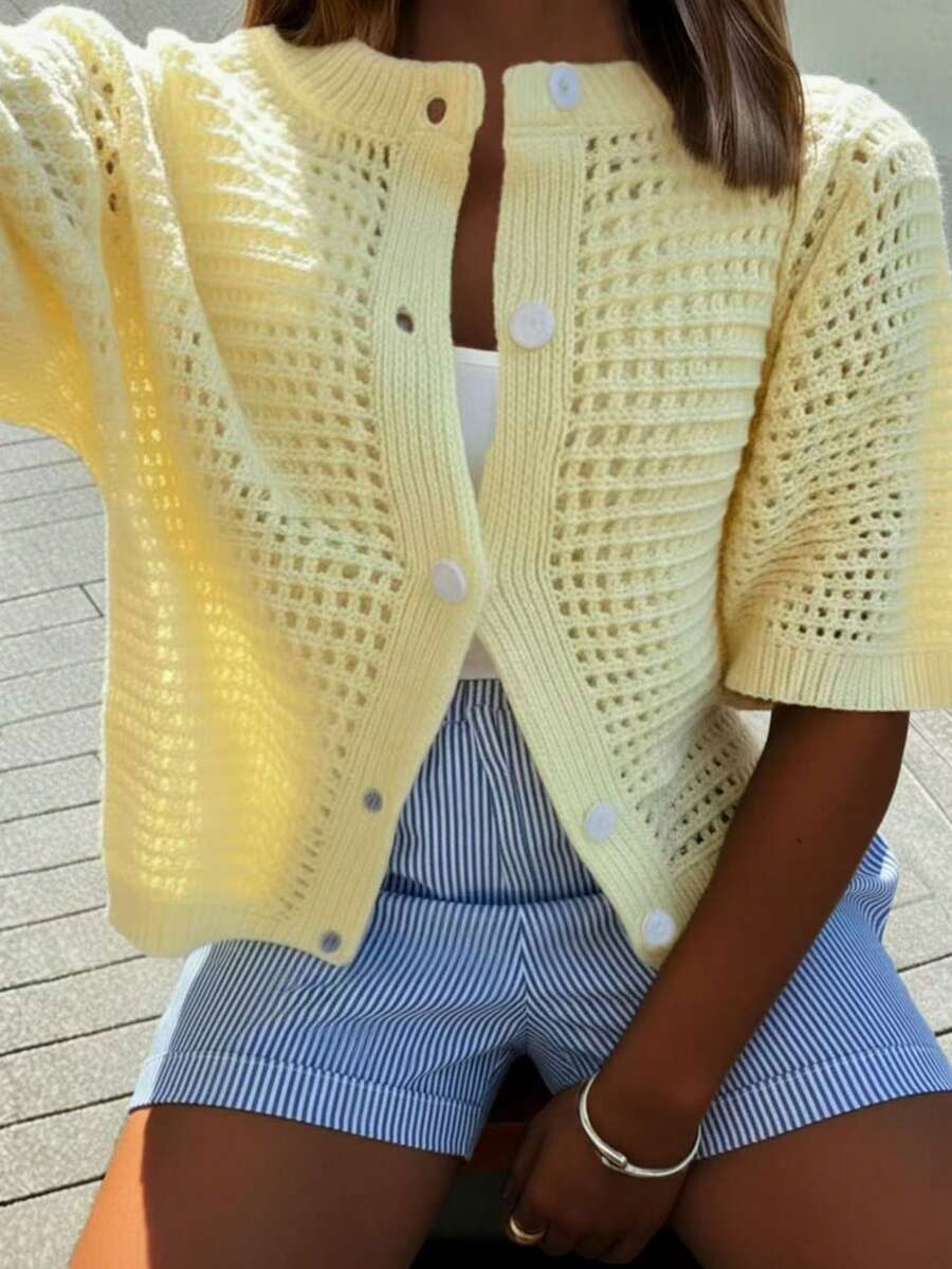 FOR BEAUTY Summer New Round Neck Short Sleeve Knit Cardigan, Women Loose Hollow Thin Button Cream Yellow Top, Casual Versatile, Suitable For Street Shopping And New Year Wear - Yellow - View 1