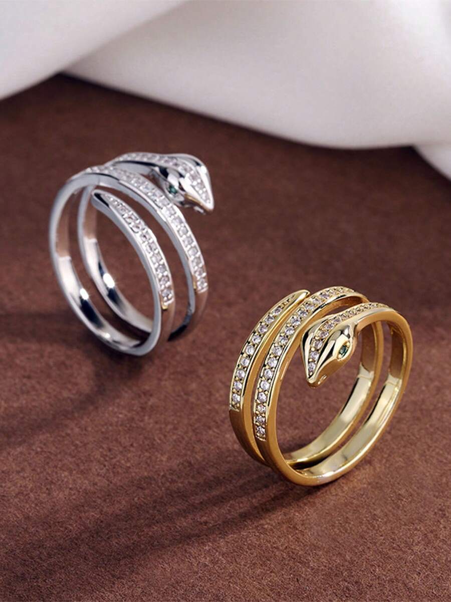 1pc Stainless Steel Fashionable Coiled Snake Ring With Rhinestone For Women, Simple, Hip-Hop, Unique Style - Snake Ring - View 1