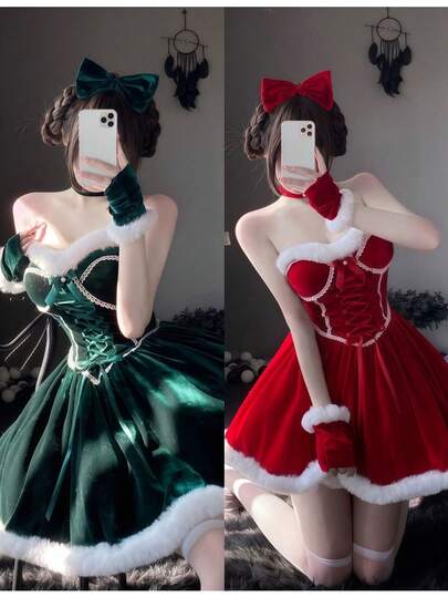 一件优雅的圣诞节无肩带连衣裙，适合舞台表演、派对、角色扮演、节日活动