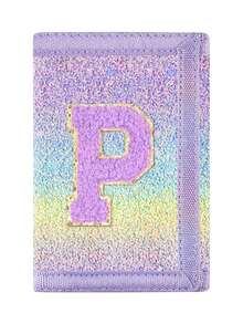 1pc Letter Embroidered Wallet, Ombre Glitter Sequin Wallet, Canvas Folding Coin Purse, Durable Polyester Material With Zipper Pocket, Hook And Loop Closure, Suitable For Daily Use And Christmas Gift - Multicolor - View 17