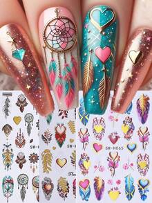 3pcs 3D Bohemian Vintage Luxury Nail Art Stickers - Dreamcatcher, Colorful Feather, Heart, Flower, Star Patterns Nail Decals, Perfect For Women DIY Holiday Nail Decoration - Multicolor - View 1