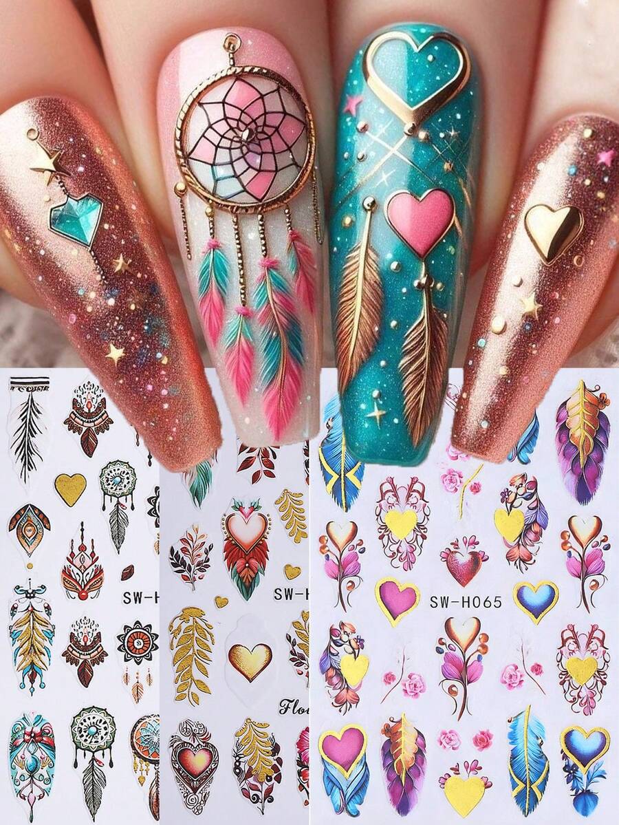 3pcs 3D Bohemian Vintage Luxury Nail Art Stickers - Dreamcatcher, Colorful Feather, Heart, Flower, Star Patterns Nail Decals, Perfect For Women DIY Holiday Nail Decoration - Multicolor - View 1