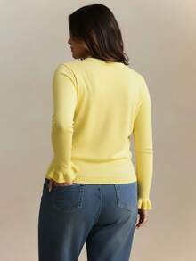 大码女装秋装时尚奶油黄色圆领荷叶边长袖休闲简约舒适毛衣，适合日常穿着、下午茶、办公室穿着、返校服装 - 黃色 - 查看 6