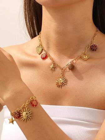 女士不锈钢项链手链套装，时尚太阳、心形、十字架吊坠项链手链套装