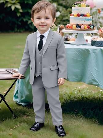 Boys Suits 5-Pieces Suit Set Toddler Tuxedos Dresswear Ring Bearer Outfit Wedding Blazer Vest Pants Shirts Tie Formal Suits For Kids Light Grey Size 3-10Y