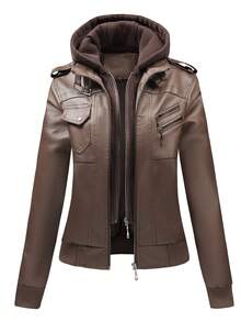 Women'S Faux Leather Jacket -  Zip-Up Hooded Coat, Non-Stretchy Structured Fit Long Jacket For Fall/Winter, Everyday & Formal Outfits - Easy-Care Women'S Outerwear, Casual Winter Wear, Texture Design, Durable Outerwear, Fall Fashion, Classic Style, Highquality Material, Stylish Coat, Fashion Women - 咖啡色 - 查看 2