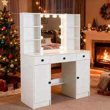 10 LED Lighted Mirror Dressing Table Vanity Set W/ Storage Cabinet Drawers Stool - White - View 1