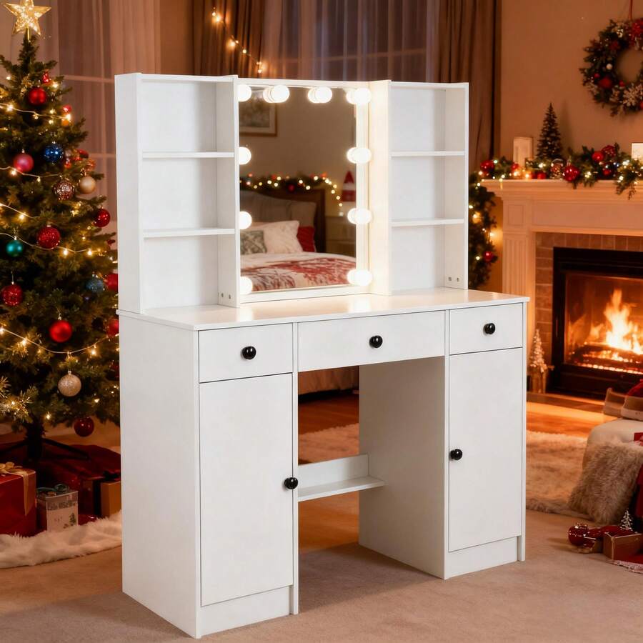 10 LED Lighted Mirror Dressing Table Vanity Set W/ Storage Cabinet Drawers Stool - White - View 1