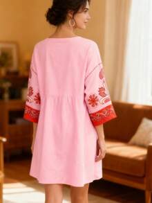 波西米亚风花卉印花波西米亚西部风度假休闲连衣裙，甜美二重奏花卉娃娃裙，珍贵女性性感蝙蝠袖深 V 领印花紧身派对俱乐部迷你连衣裙，街头风格休闲波西米亚度假连衣裙，女士沙滩装 - 西瓜粉 - 查看 3