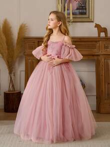 Tween Girl Pink Lace Trim Bow Elegant Christmas Party Dress, Princess Dress Suitable For Girls Birthday Party, Flower Girl Wedding, Teenager Prom, Thanksgiving, Graduation Ceremony - Pink - View 4