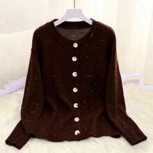 女士优雅时尚圆领长袖开衫毛衣，纯色涤纶面料，纽扣开衫，适合秋冬季日常穿着，柔软舒适——新年假期必备单品 - 咖啡棕 - 查看 3