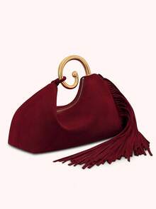 麂皮金属环手柄流苏手拿包，时尚优雅女士手提包，秋冬新款，适合派对、聚会、晚宴、婚礼、鸡尾酒会、节日、约会和闺蜜之夜等场合。 - 咖啡棕 - 查看 6