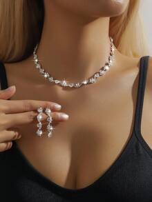 4件套奢华水钻珍珠项链、耳环和手链首饰套装，适合新娘、婚礼礼物、日常通勤、聚会、度假佩戴，优雅百搭。 - 4件/套 - 查看 2