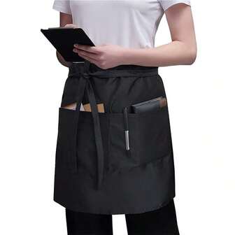 45.72cm Long Black Practical Apron With 3 Large Pockets, Waterproof Waist Apron For Waiters/Waitresses, Unisex