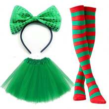 3件套/圣诞节情人节爱尔兰圣帕特里克节红绿服装头饰、袜子、裙子套装，欧美条纹过膝袜，动漫袜子，圣诞袜，头饰，裙子套装，情人节 - 彩色 - 查看 7