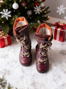 1 Pair TMA EYES Women's Red Retro Leather Boots - Lace Up And Side Zipper Design, Non Slip, Autumn And Winter Retro Style,Boots For Women - Đỏ - Xem 2