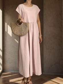 Đầm nữ dáng rộng, nhẹ, không tay, màu trơn, thiết kế cánh dơi, thích hợp cho kỳ nghỉ, du lịch, thanh lịch và dịu dàng, mùa xuân/hè. - Bụi hồng - Xem 2