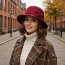 Womens Cloche Hats Stylish Solid Color Decorative Bow Bucket Hat Round Top Short Brim Church Cap - 紅色 - 查看 3