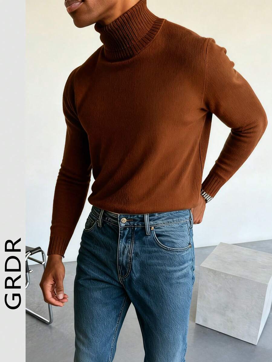 GRDR Men's Turtleneck Long Sleeve Knit Sweater, Versatile For Daily Wear - Brown - View 1