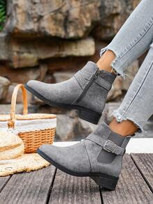 女士铆钉搭扣踝靴，粗跟踝靴，圆头侧拉链新款秋冬靴，舒适黑色靴子，休闲时尚靴 - 灰色 - 查看 3