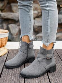 女士铆钉搭扣踝靴，粗跟踝靴，圆头侧拉链新款秋冬靴，舒适黑色靴子，休闲时尚靴 - 灰色 - 查看 5