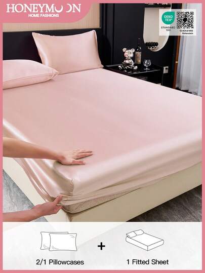 2/3pcs Luxurious Satin Sheet Set With 1pc Deep Pocket Fitted Sheet And 1/2pcs Pillowcases - 100% Polyester, Solid Color, Silky Smooth, All-Season Bedding - Machine Washable - Ideal For Home And Hotel, Oeko-Tex Certified, Light Pink