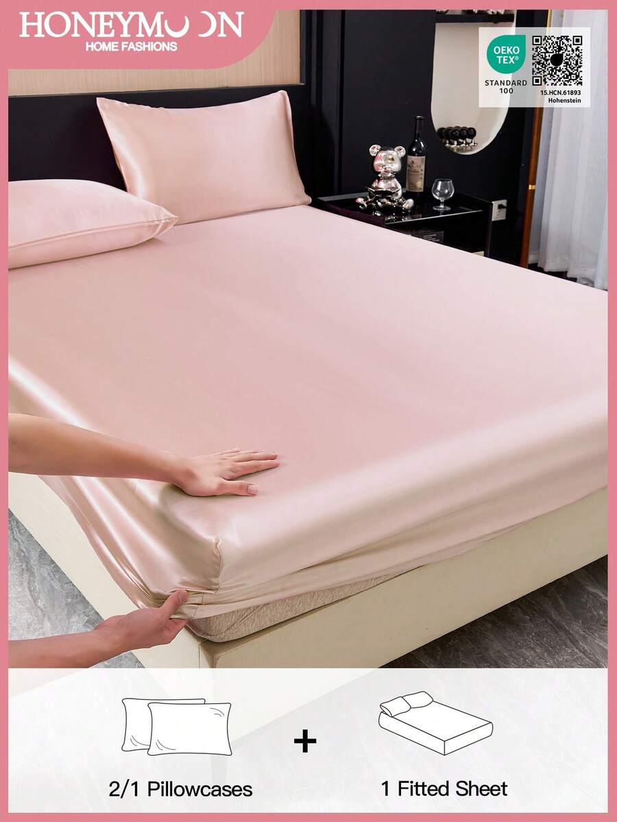 2/3pcs Luxurious Satin Sheet Set With 1pc Deep Pocket Fitted Sheet And 1/2pcs Pillowcases - 100% Polyester, Solid Color, Silky Smooth, All-Season Bedding - Machine Washable - Ideal For Home And Hotel, Oeko-Tex Certified, Light Pink