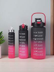 3pcs Set Plastic Gradient Color Drinking Cup With Lid & Straw, Large Capacity Outdoor Sports Water Bottle