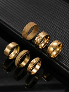 6pcs Fashionable Stainless Steel Gold Color Ring Set For Men, Including Matte Snakeskin Rotating Element, Suitable For Men's Daily Matching, Holiday, Dating, Engagement, Wedding Gifts