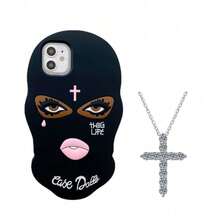Suitable For IPhone 17 Pro  Mask Phone Case, Playful And Anti Drop Silicone Protective Case, Apple 11xsmax+Beautiful Mozambique Diamond Cross Pendant Necklace - Black Black - View 9