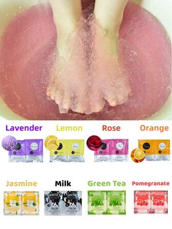 2 包/套果冻足疗足浴包/浴盐 - 去角质足部水疗浸泡 - 排毒果冻足疗浸泡 - 保湿足部软化浸泡，口味包括薰衣草、玫瑰、柠檬、橙子，2 种包装随机发货，母亲节，送给妈妈的礼物浴室装饰秋季装饰浴室配件返校