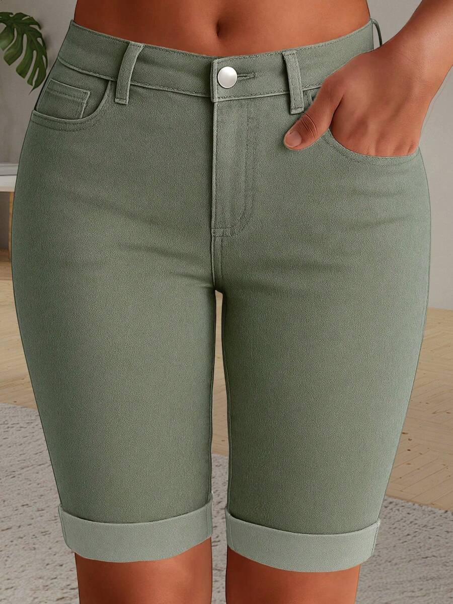 Women's Pocket Washed Stretchy Denim Shorts - Gray Green - View 1