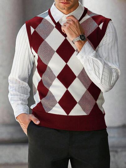  ALTZTAR Men's Knitted Casual Contrast Color Sleeveless Sweater Vest