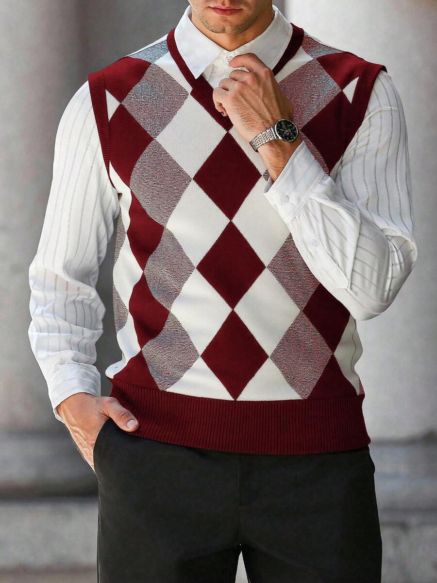 ALTZTAR Men's Knitted Casual Contrast Color Sleeveless Sweater Vest - Burgundy - View 1